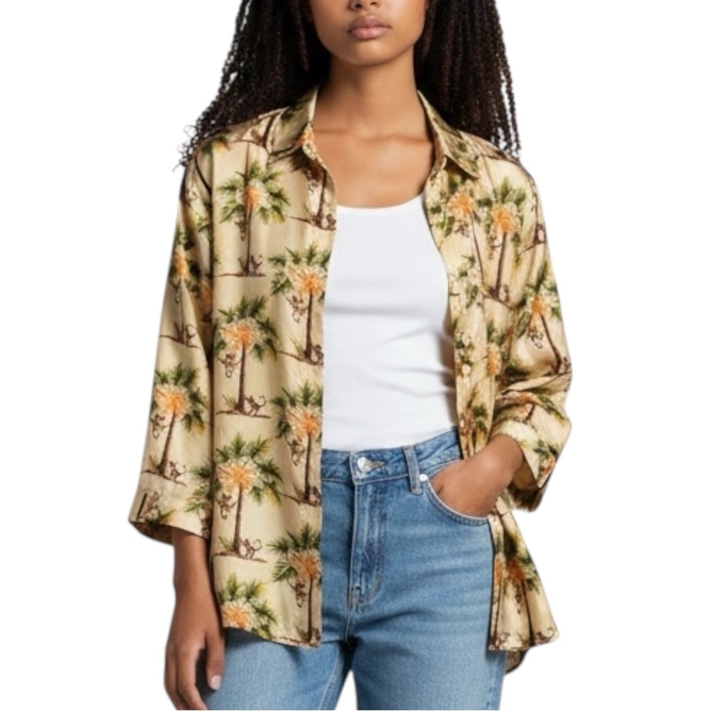 SILKLAND 100% Silk Tropical Palm Tree & Monkey Button-Up Blazer Size 14--PRETTY!